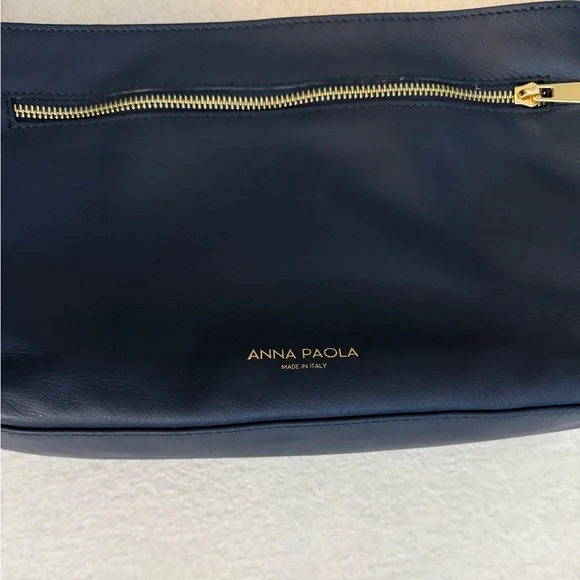 Anna Paola Leather Basketweave Zip Top Brit Shoulder Bag Made in Italy Navy Blue - Picture 6 of 10